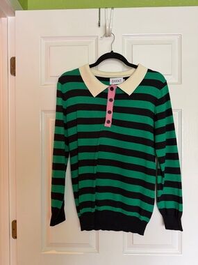 OXKNIT Green & Black Striped Polo Sweater with Cream Collar